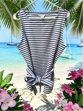 Liz Claiborne Nautical Blouse Sleeveless Waist Bow Womens L White & Blue Summer